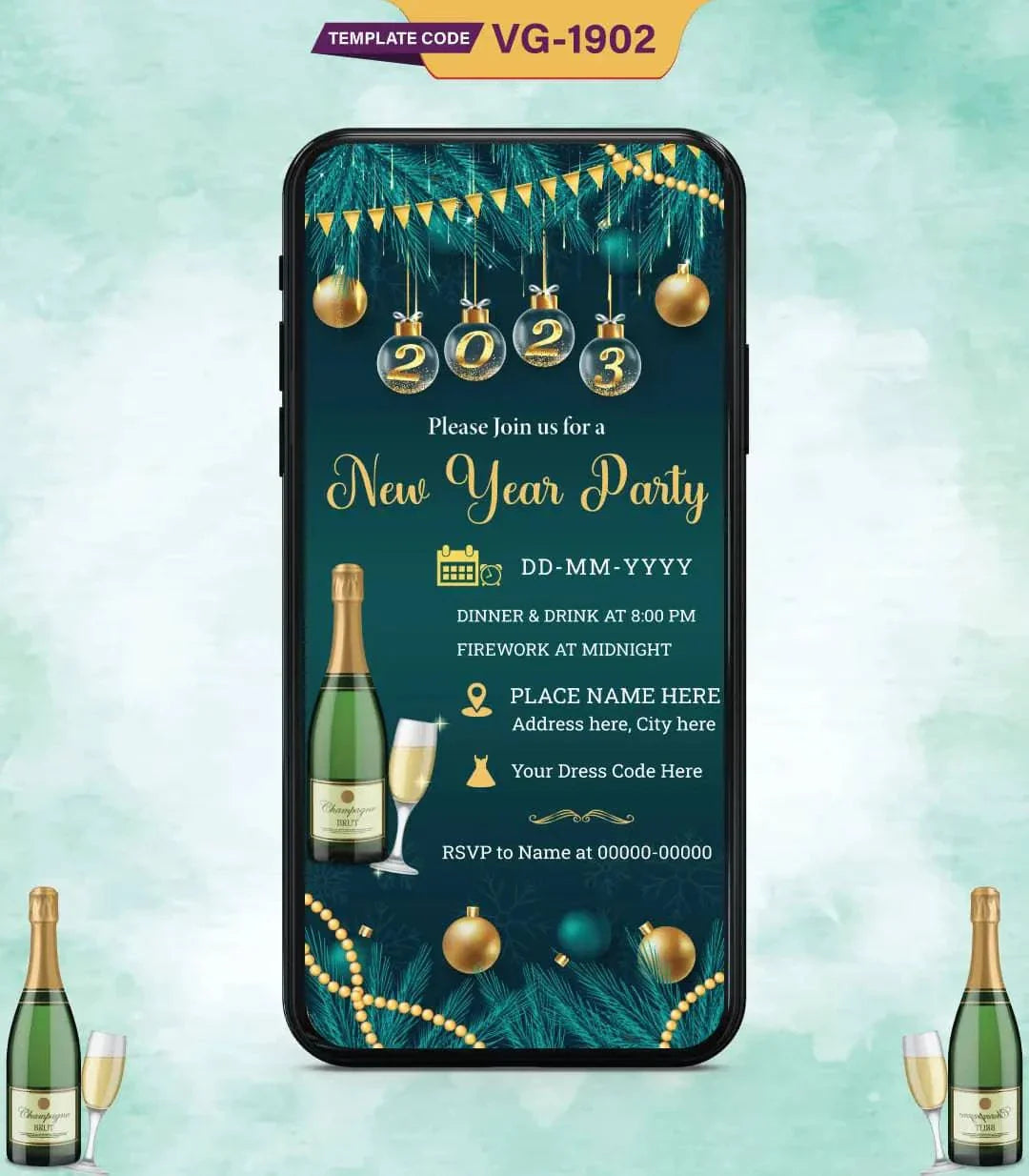 New Year Celebration Invitation | Elegant Midnight Party E-Invite | VG-1902