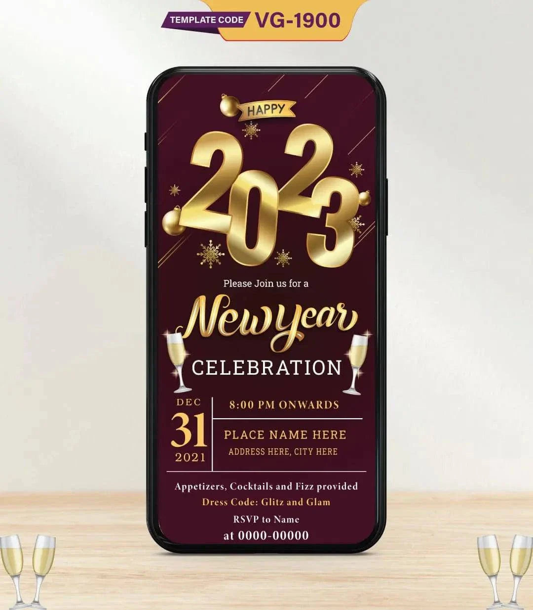 New Year Invitation Card | Glitzy 2023 Celebration E-Invite | VG-1900