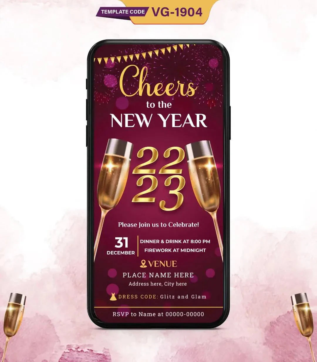 New Year Invitation Templates | Cheers to 2023 Party E-Invite | VG-1904