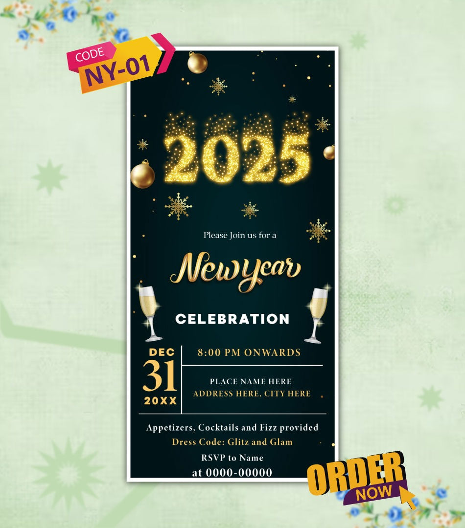 New Year Invitation Card 2025 | Glitter & Glam Celebration | NY-01