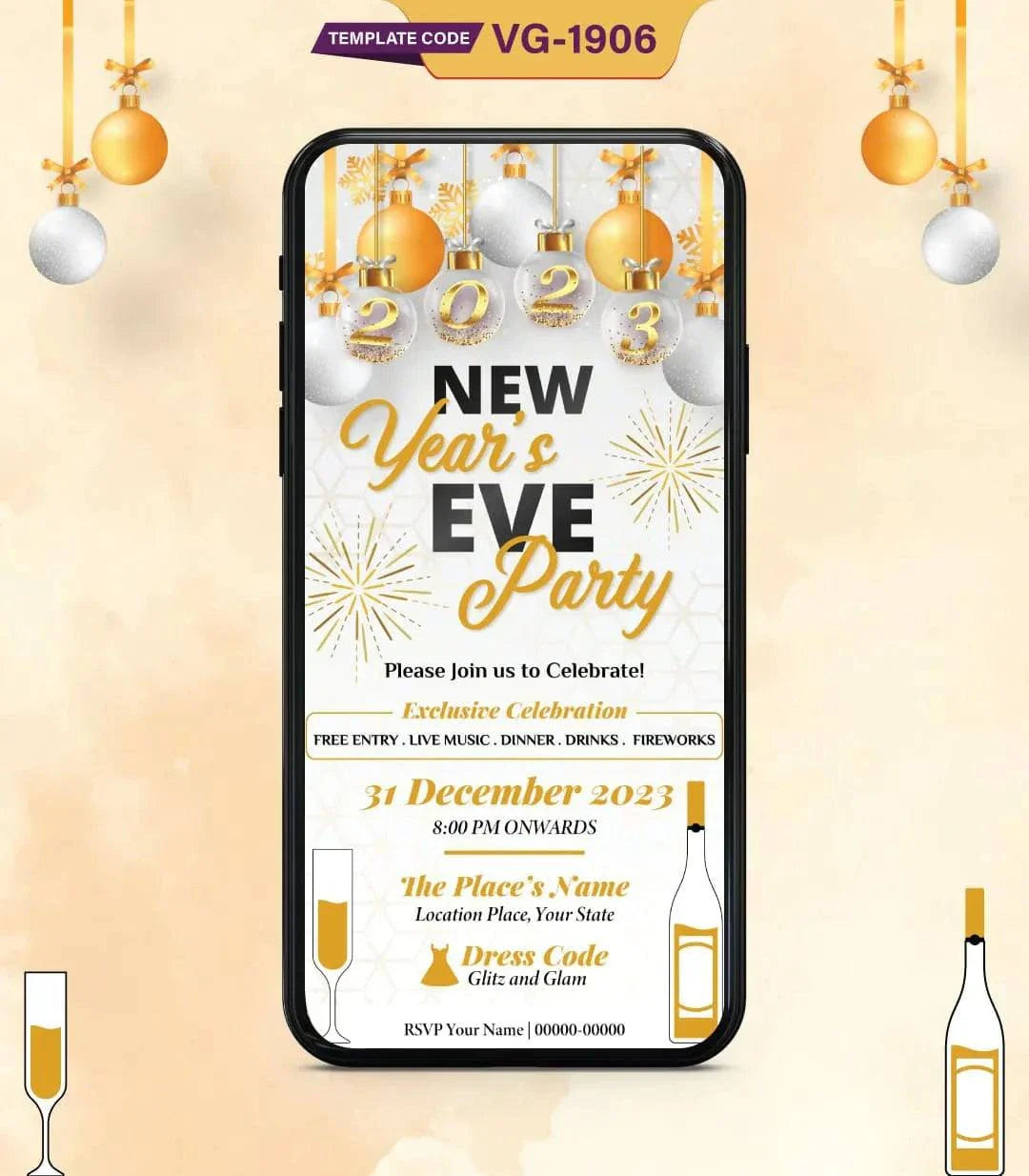 New Year’s Eve Party Invitation Card | Glamorous 2025 Celebration E-Invite | VG-1906