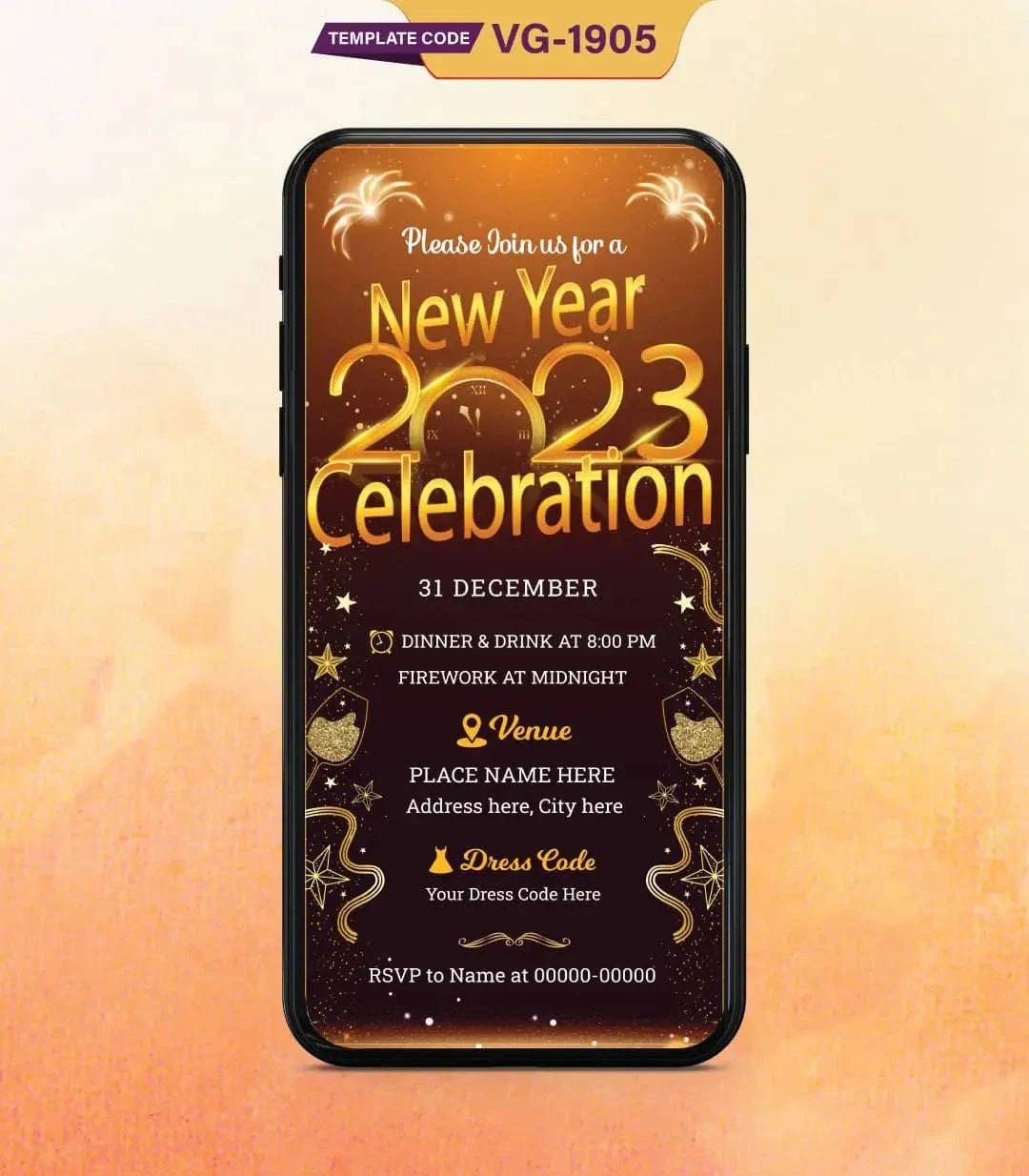 New Year’s Eve Party Invitations | Golden Celebration Digital Card | VG-1905