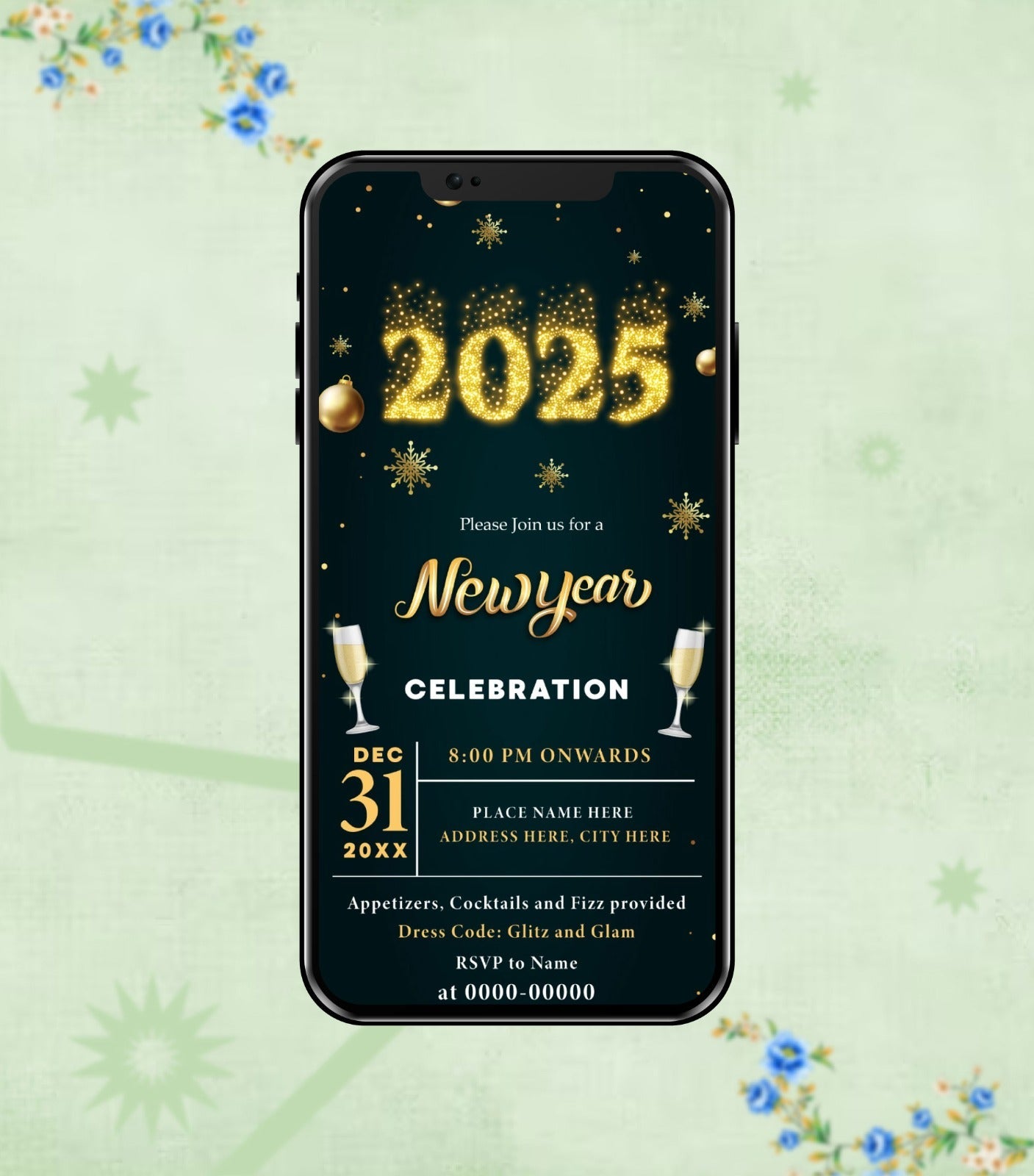 New Year Invitation Card 2025 | Glitter & Glam Celebration | NY-01
